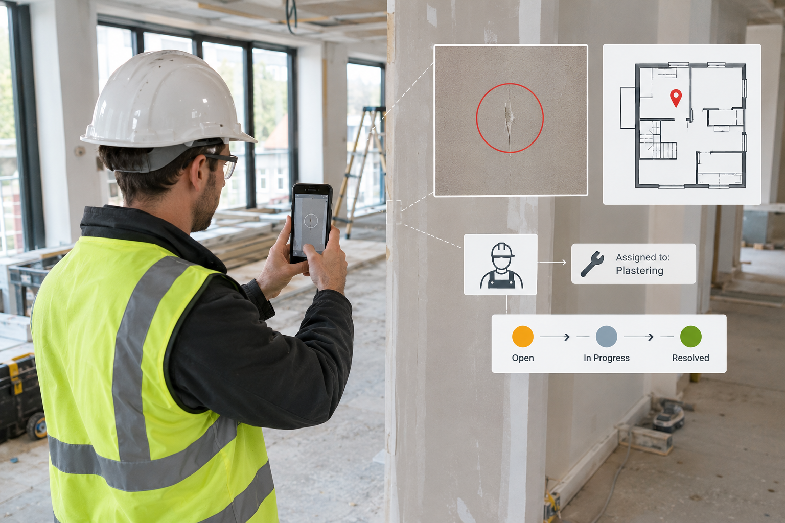 Site manager using a smartphone to document a construction snag digitally