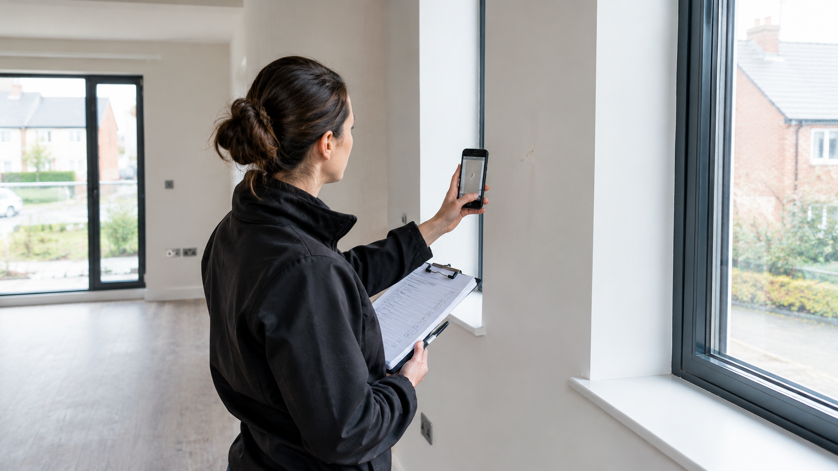 Homeowner inspecting a wall defect in a new-build property