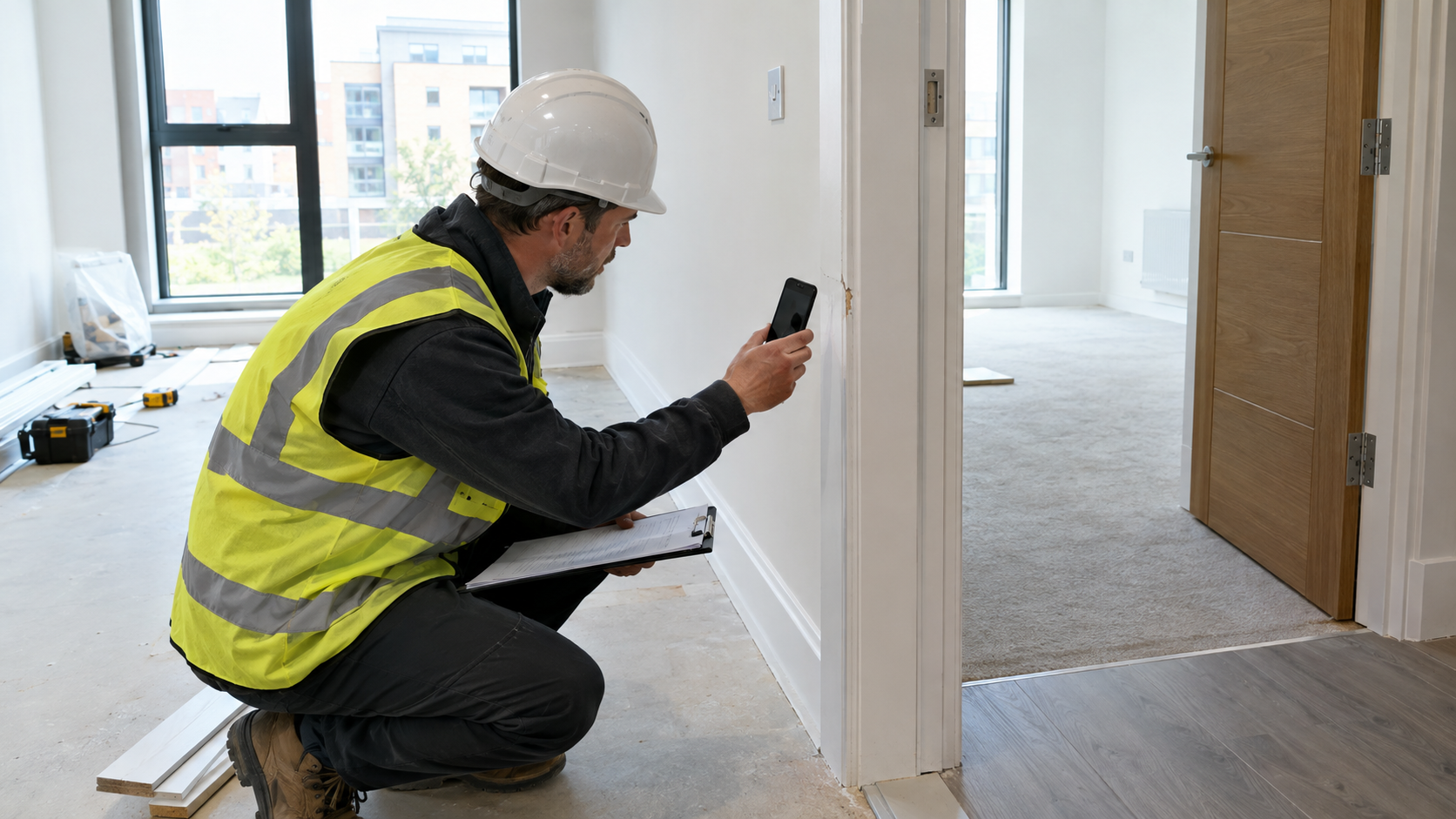 Site manager documenting a finishing defect during a construction site inspection