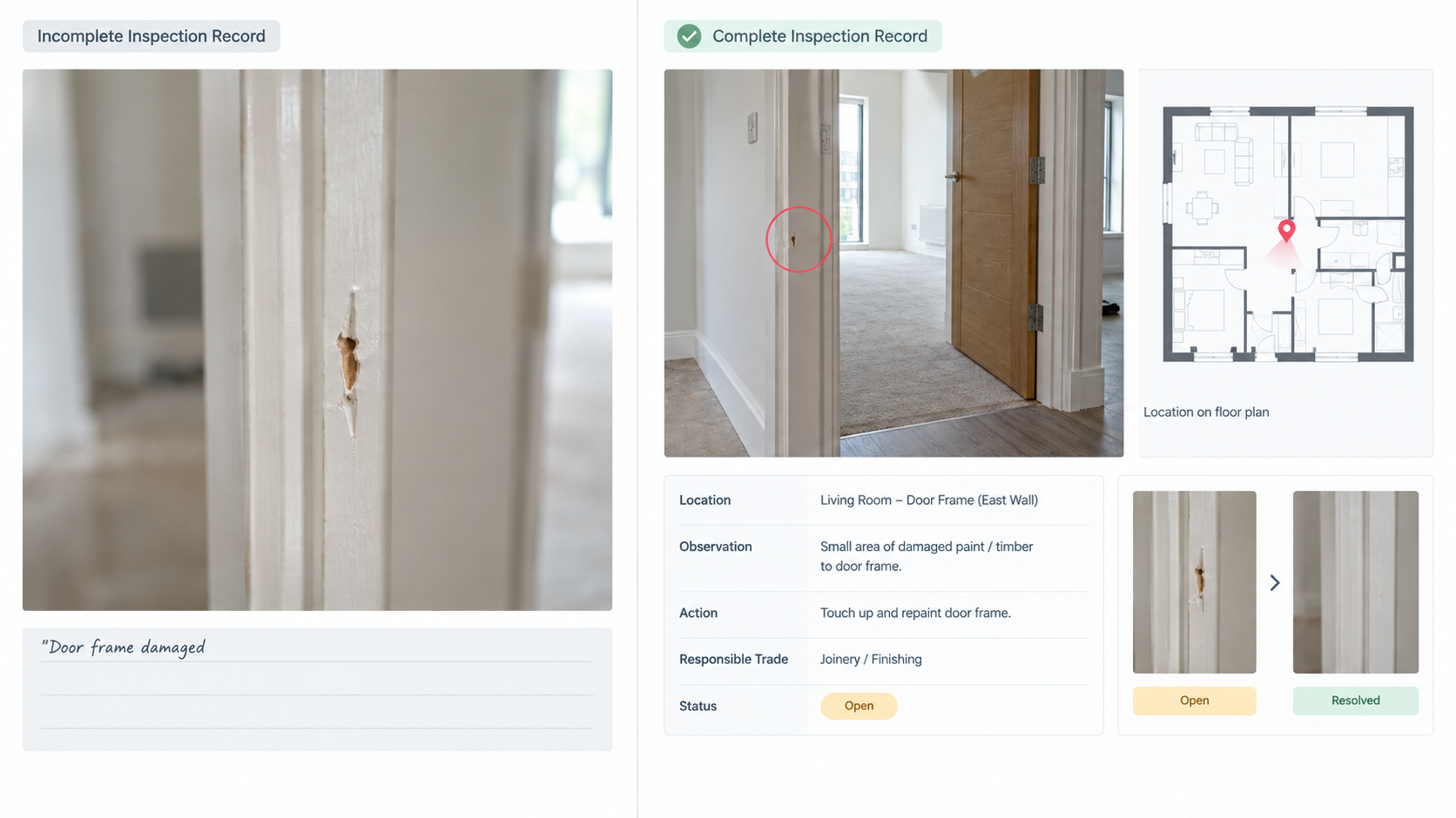 Example of a construction defect documented with photo evidence, location and action