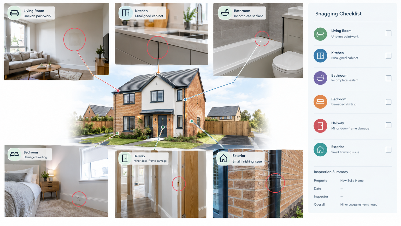 Homeowner using a checklist and smartphone during a new build snagging inspection