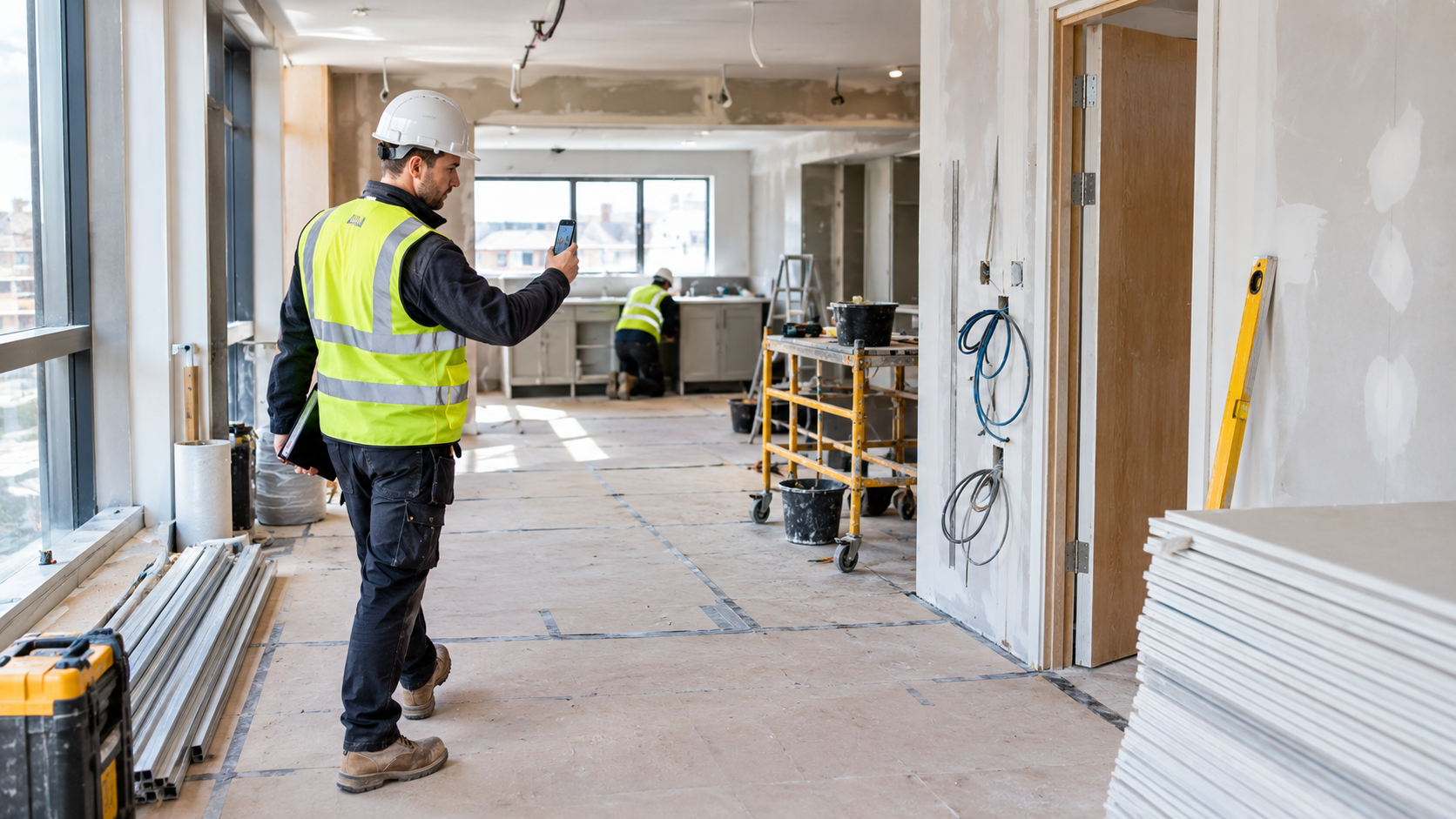 Construction site manager using a mobile inspection app to record defects and location data
