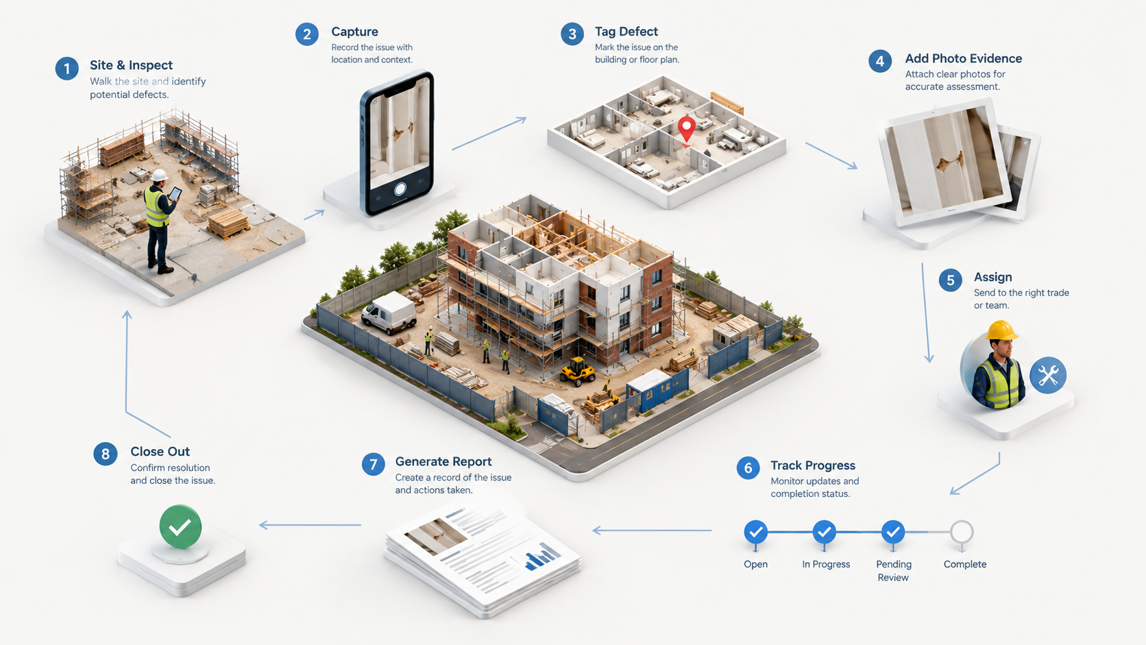 Contractor reviewing snagging software pricing and construction inspection information on site